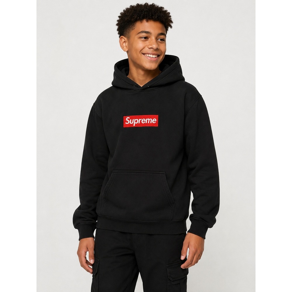 Authentic Supreme Logo Hoodie Black Kids 100% Cotton Pullover Made in USA XL
